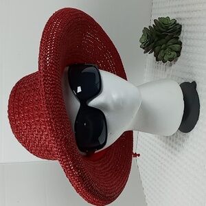 Scala Collezione Handcrafted Red Paper Wide Rolled Brim Sun Hat
